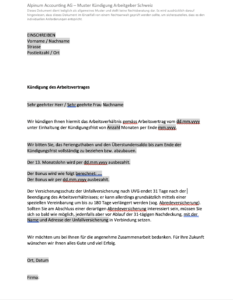 Muster Kündigung des Arbeitsvertrages