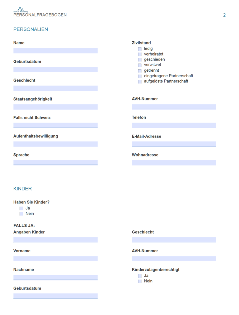Personalfragebogen Schweiz